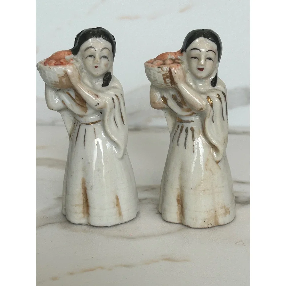 Vintage Ceramic Salt and Pepper Shakers Asian Women with Fruit Baskets Gold Trim